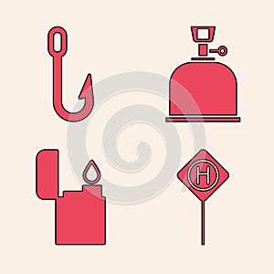 Set Parking, Fishing hook, Camping gas stove and Lighter icon. Vector