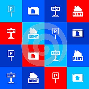 Set Parking, Online real estate house, Hanging sign with Rent and icon. Vector