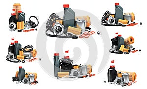 Set of parts for scheduled car maintenance.Oil , air , fuel filter, Water pumps motor, belt car engine   for car on white