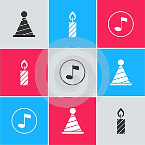 Set Party hat, Birthday cake candles and Music note, tone icon. Vector