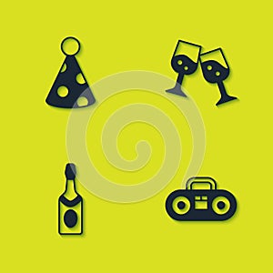 Set Party hat, Home stereo with two speakers, Champagne bottle and Glass of champagne icon. Vector