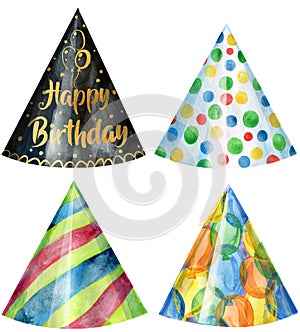 Set of Party hats. Watercolor illustration. Birthday element