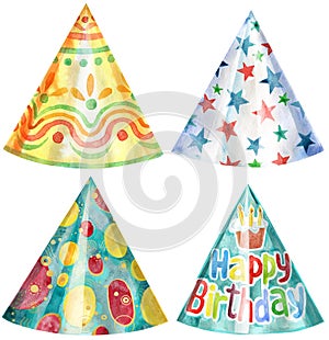 Set of Party hats. Watercolor illustration. Birthday element