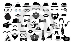 Set the party. the person`s face fake. Glasses hats lips mustaches tie monocle icons vector illustration