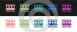 Set Passenger train cars icon isolated on black and white background. Railway carriage. Vector