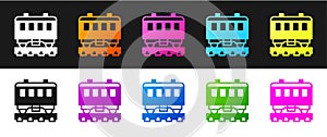 Set Passenger train cars icon isolated on black and white background. Railway carriage. Vector