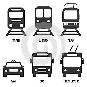 Set of passenger transport vector icons: Train, metro, bus, trolleybus, taxi. Black symbols isolated on white. Signs for public