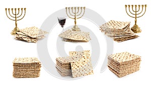 Set with Passover matzos, red wine and menorahs on white background, banner design. Pesach celebration
