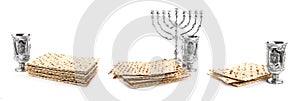 Set with Passover matzos, wine and menorah on white background, banner design. Pesach celebration