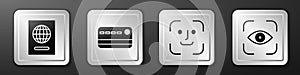 Set Passport, Credit card, Face recognition and Eye scan icon. Silver square button. Vector