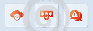 Set Password protection, Cloud and shield and Exclamation mark in triangle. White square button. Vector