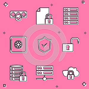 Set Password protection, Document and lock, Server, Data, Web Hosting, Safe, Shield with check mark, Open padlock