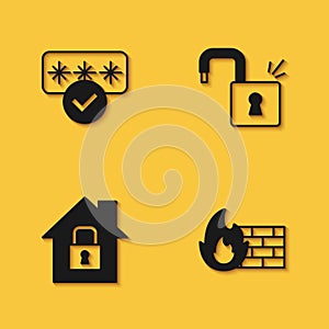 Set Password protection, Firewall, security wall, House under and Open padlock icon with long shadow. Vector