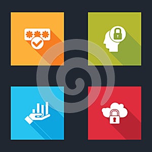 Set Password protection, Human head with lock, Pie chart infographic and Cloud computing icon. Vector