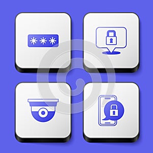 Set Password protection, Lock, Security camera and Mobile with closed padlock icon. White square button. Vector