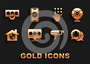 Set Password protection, Security camera, System bug, House under, and Smartphone icon. Vector