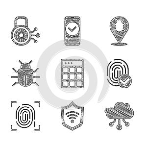Set Password protection, Shield with WiFi wireless, Internet of things, Fingerprint, System bug, and Cyber security icon