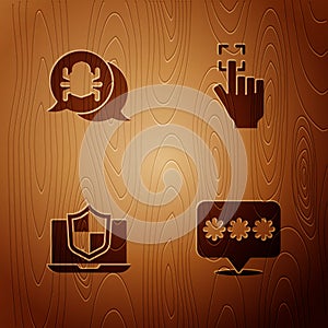 Set Password protection, System bug, Laptop protected with shield and Fingerprint on wooden background. Vector