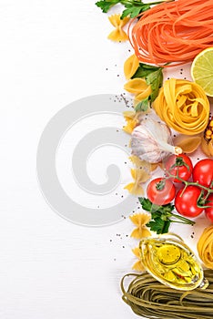 Set of pasta, noodles, spaghetti. Italian cooking, fresh vegetables and spices. On a white background.