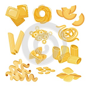 Set Pasta Types Quadretti, Nidi Di Roundine Tagltatelle, Cornetti Rigati and Penne. Stelle, Filini, Farfalle, Canelone photo