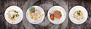 Set of pasta from worldwide cuisines. Fettuccine pasta meat, seafood pasta with shrimp, oysters, octopus, cheese and herbs