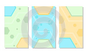 set of pastel blue, green and orange abstract portrait background with hexagon pattern and lines