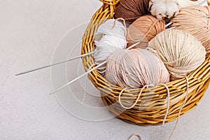 A set of pastel clew of thread for knitting in a basket. Handmade, hobby, crochet concept