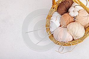 A set of pastel clew of thread for knitting in a basket. Handmade, hobby, crochet concept