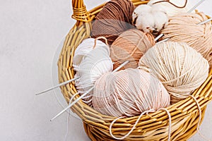 A set of pastel clew of thread for knitting in a basket. Handmade, hobby, crochet concept