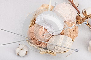 A set of pastel clew of thread for knitting in a basket. Handmade, hobby, crochet concept