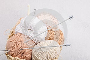 A set of pastel clew of thread for knitting in a basket. Handmade, hobby, crochet concept