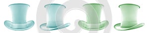 2 Set of pastel green turquoise classic traditional stovepipe top hat, front and side view on transparent PNG photo