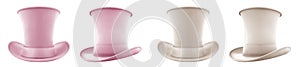 2 Set of pastel light pink beige cream classic traditional stovepipe top hat, front side view on transparent PNG photo