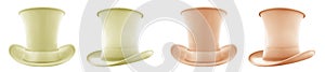 2 Set of pastel light yellow orange classic traditional stovepipe top hat, front and side view on transparent PNG photo