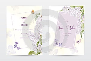 Set of pastel purple watercolor invitation cards with lilac flower