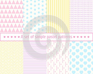 Set pastel seamless patterns. Gentle, simple, concise patterns. Pastel colors, pink, blue, yellow pattern.