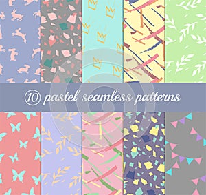 Set of 10 pastel seamless patterns. Vector graphics