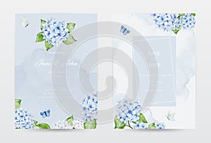 Set of pastel watercolor invitation cards with blue hydrangea flowers