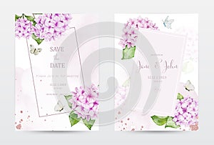 Set of pastel watercolor invitation cards with pink hydrangea flowers