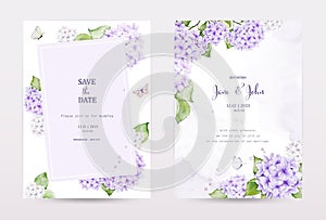 Set of pastel watercolor invitation cards with purple hydrangea flowers