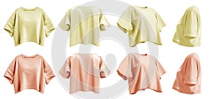 2 Set of pastel yellow orange woman loose cropped midriff tee t shirt round neck front, back and side view on transparent, PNG photo