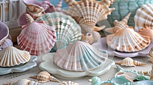 A set of pastelcolored seashell spiral coasters perfect for a beachthemed home.