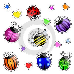 Set of patch badges, stickers with multicolored bugs