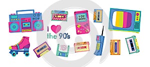 Set of the patch Badges with tape recorder, cassette, rolls, tv and sheet music. Pop art elements on a white background