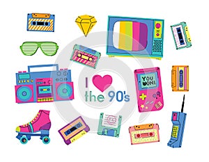 Set of the patch Badges with tape recorder, cassette, rolls, tv and sheet music. Pop art elements on a white background