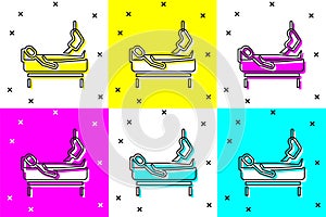 Set Patient with broken leg is in the hospital icon isolated on color background. Hospitalization of the patient. Sick