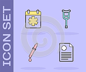 Set Patient record, Doctor appointment, Pipette and Crutch crutches icon. Vector