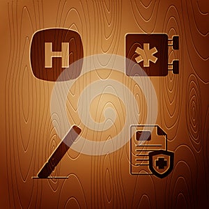 Set Patient record, Hospital signboard, Surgery scalpel and Emergency - Star of Life on wooden background. Vector