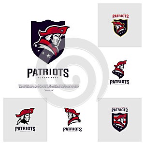 Set of Patriots Logo Design Vector. Head Patriots Logo Design Template. Patriots Shield logo Concept