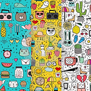 Set Of Pattern With Hand Drawn Doodle Lovely Background. Doodle Funny.